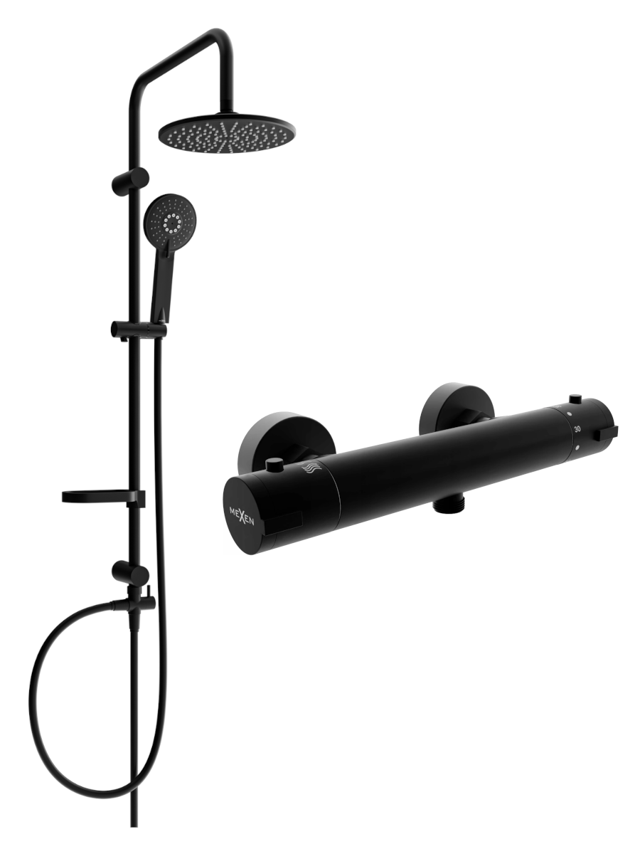 Mexen Carl zestaw prysznicowy natynkowy z deszczownicą i baterią prysznicową termostatyczną Kai, czarny - 77100240-70