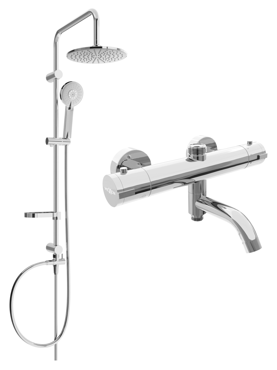 Mexen Carl zestaw wannowo-prysznicowy z deszczownicą i baterią wannowo-prysznicową termostatyczną Kai, chrom - 77900240-00