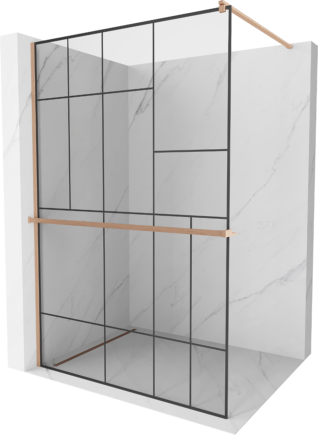 Mexen Kioto+ ścianka prysznicowa z półką Walk-in 90 x 200 cm, czarny wzór, miedź szczotkowana - 800-090-121-65-78