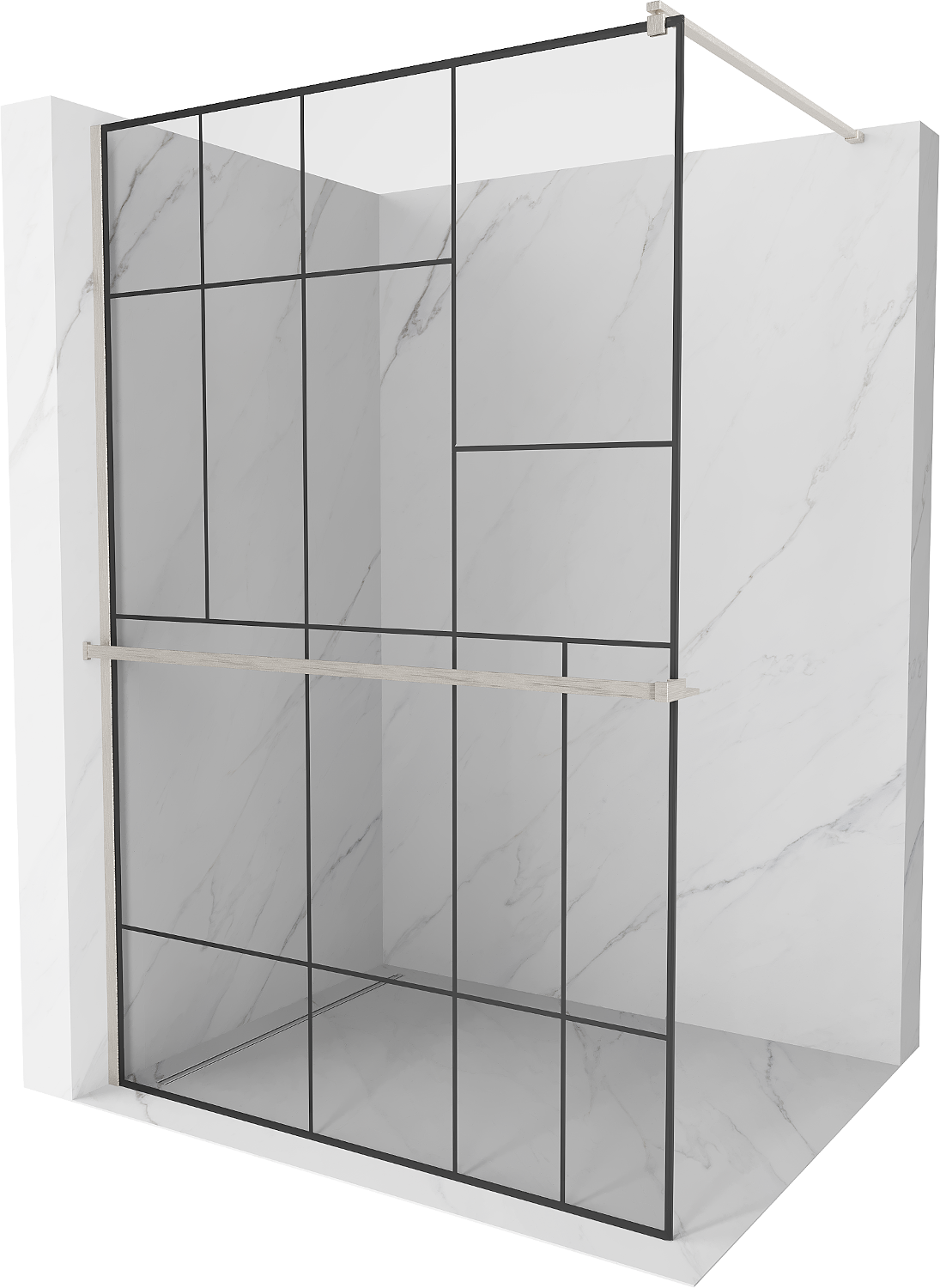 Mexen Kioto+ ścianka prysznicowa z półką Walk-in 90 x 200 cm, czarny wzór, nikiel szczotkowany - 800-090-121-97-78