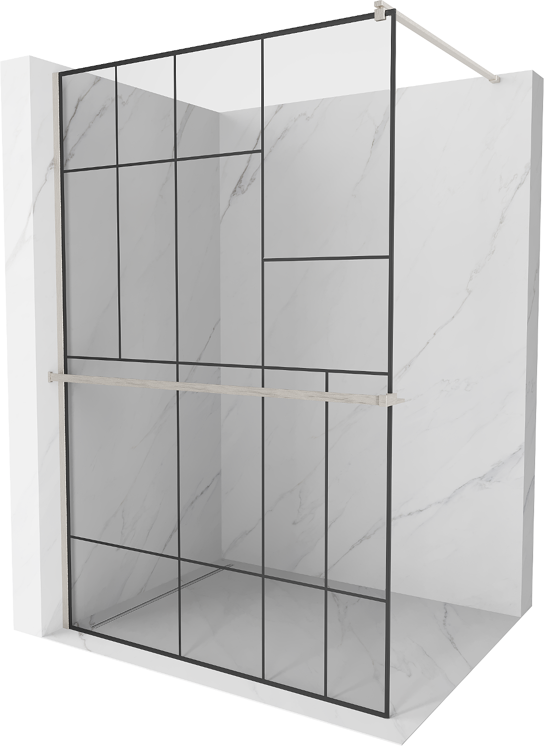 Mexen Kioto+ ścianka prysznicowa z półką Walk-in 110 x 200 cm, czarny wzór, nikiel szczotkowany - 800-110-121-97-78