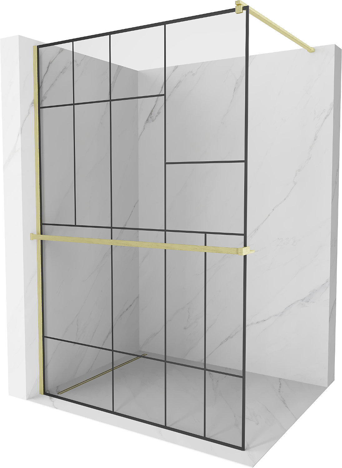 Mexen Kioto+ ścianka prysznicowa z półką Walk-in 80 x 200 cm, czarny wzór, złota szczotkowana - 800-080-121-55-78