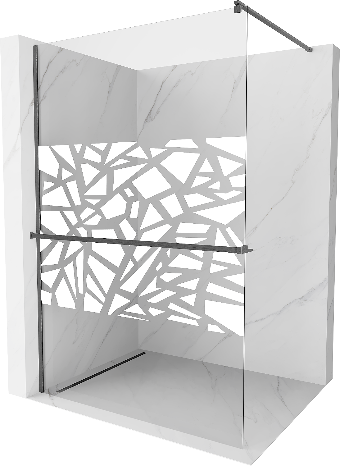 Mexen Kioto+ ścianka prysznicowa z półką Walk-in 80 x 200 cm, biały wzór, gun gray szczotkowany - 800-080-121-66-85