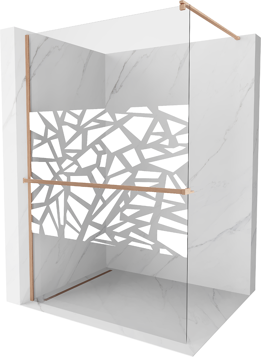 Mexen Kioto+ ścianka prysznicowa z półką Walk-in 100 x 200 cm, biały wzór, miedź szczotkowana - 800-100-121-65-85