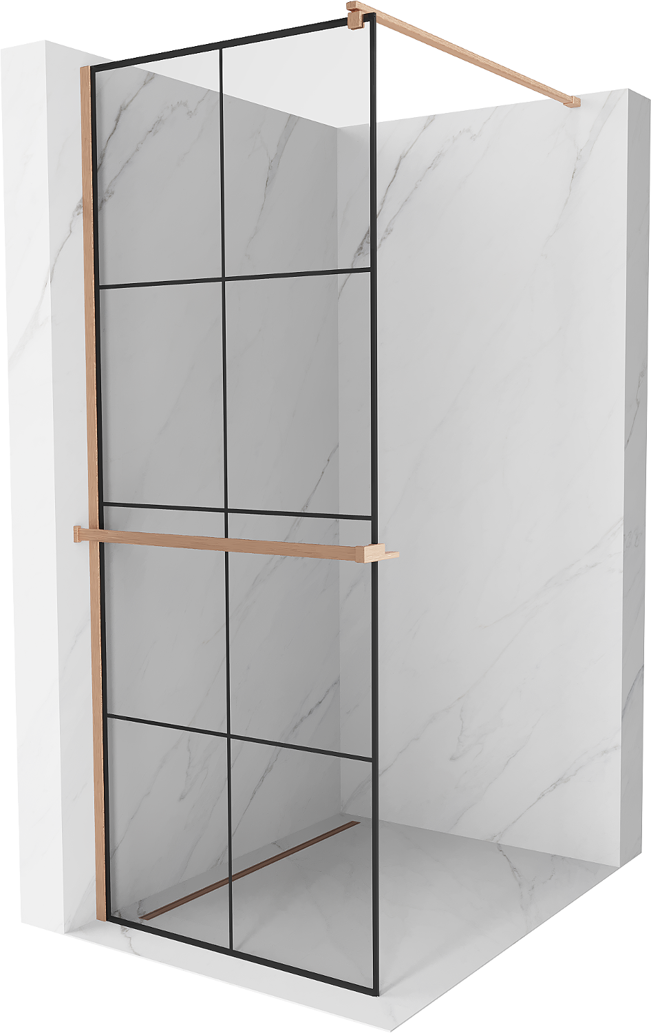 Mexen Kioto+ ścianka prysznicowa z półką Walk-in 80 x 200 cm, czarny wzór, miedź szczotkowana - 800-080-121-65-77