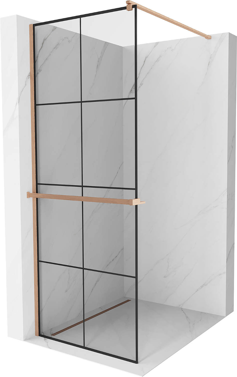 Mexen Kioto+ ścianka prysznicowa z półką Walk-in 70 x 200 cm, czarny wzór, miedź szczotkowana - 800-070-121-65-77