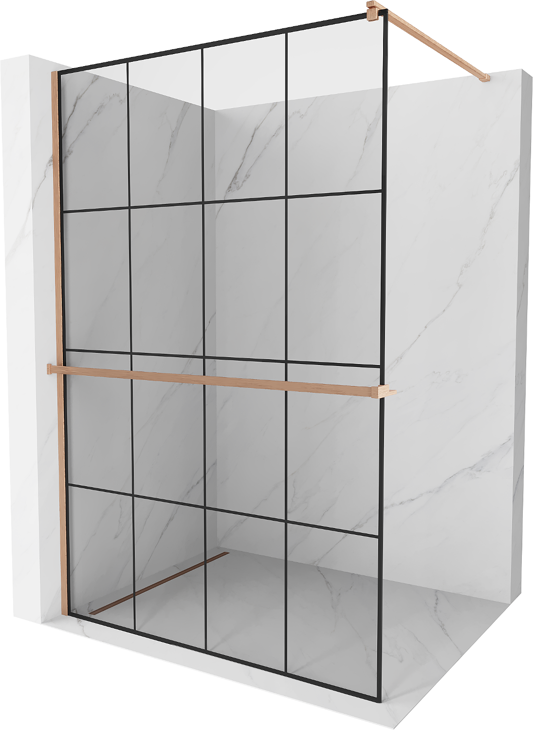 Mexen Kioto+ ścianka prysznicowa z półką Walk-in 130 x 200 cm, czarny wzór, miedź szczotkowana - 800-130-121-65-77