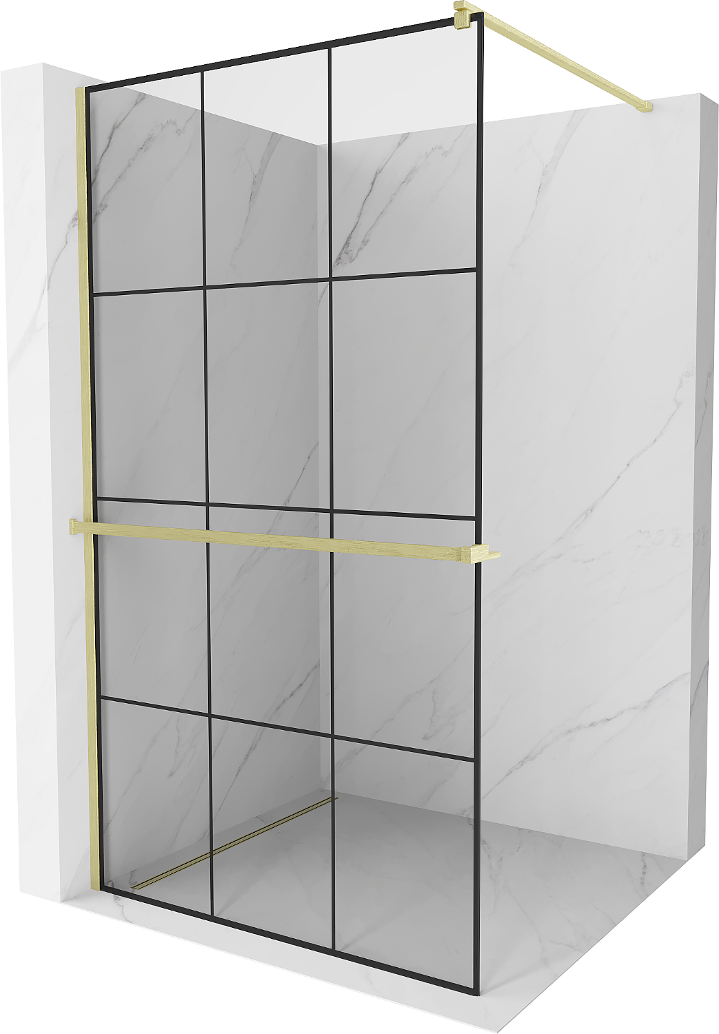 Mexen Kioto+ ścianka prysznicowa z półką Walk-in 120 x 200 cm, czarny wzór, złota szczotkowana - 800-120-121-55-77