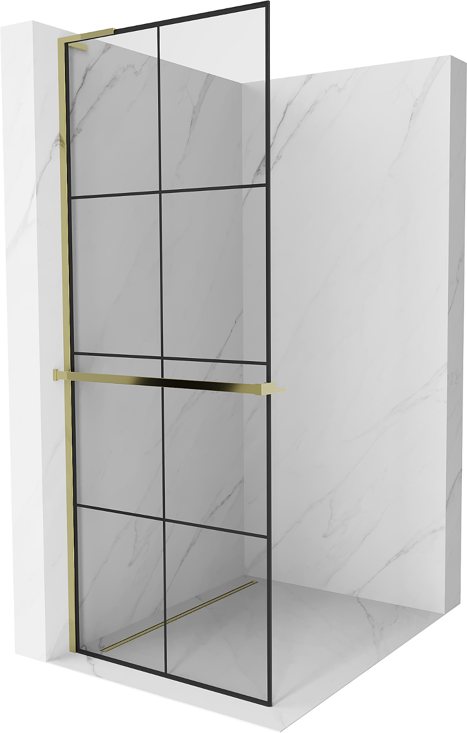 Mexen Kioto+ L ścianka prysznicowa z półką Walk-in 90 x 200 cm, czarny wzór, złota - 800-090-123-50-77