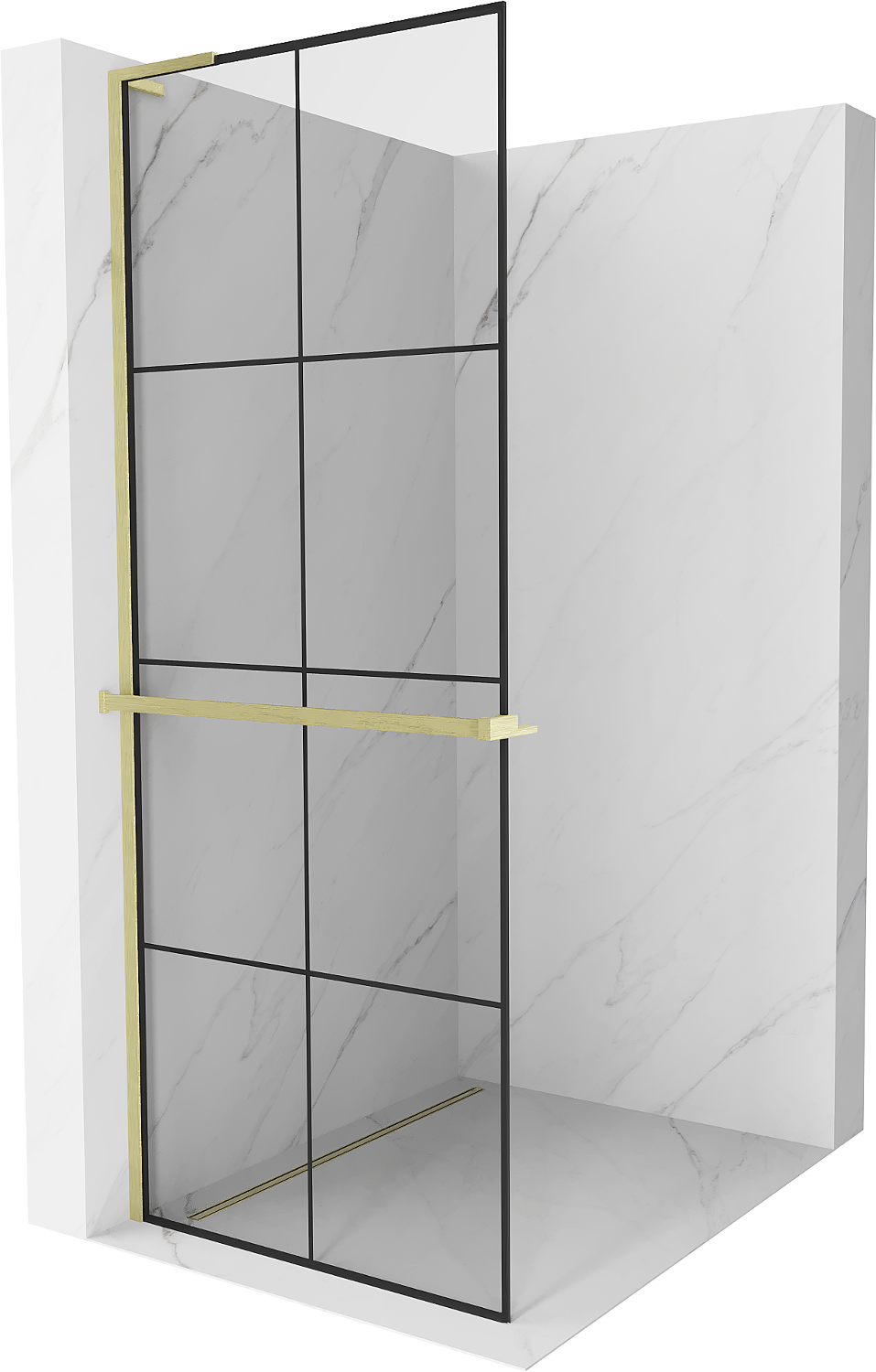 Mexen Kioto+ L ścianka prysznicowa z półką Walk-in 70 x 200 cm, czarny wzór, złota szczotkowana - 800-070-123-55-77