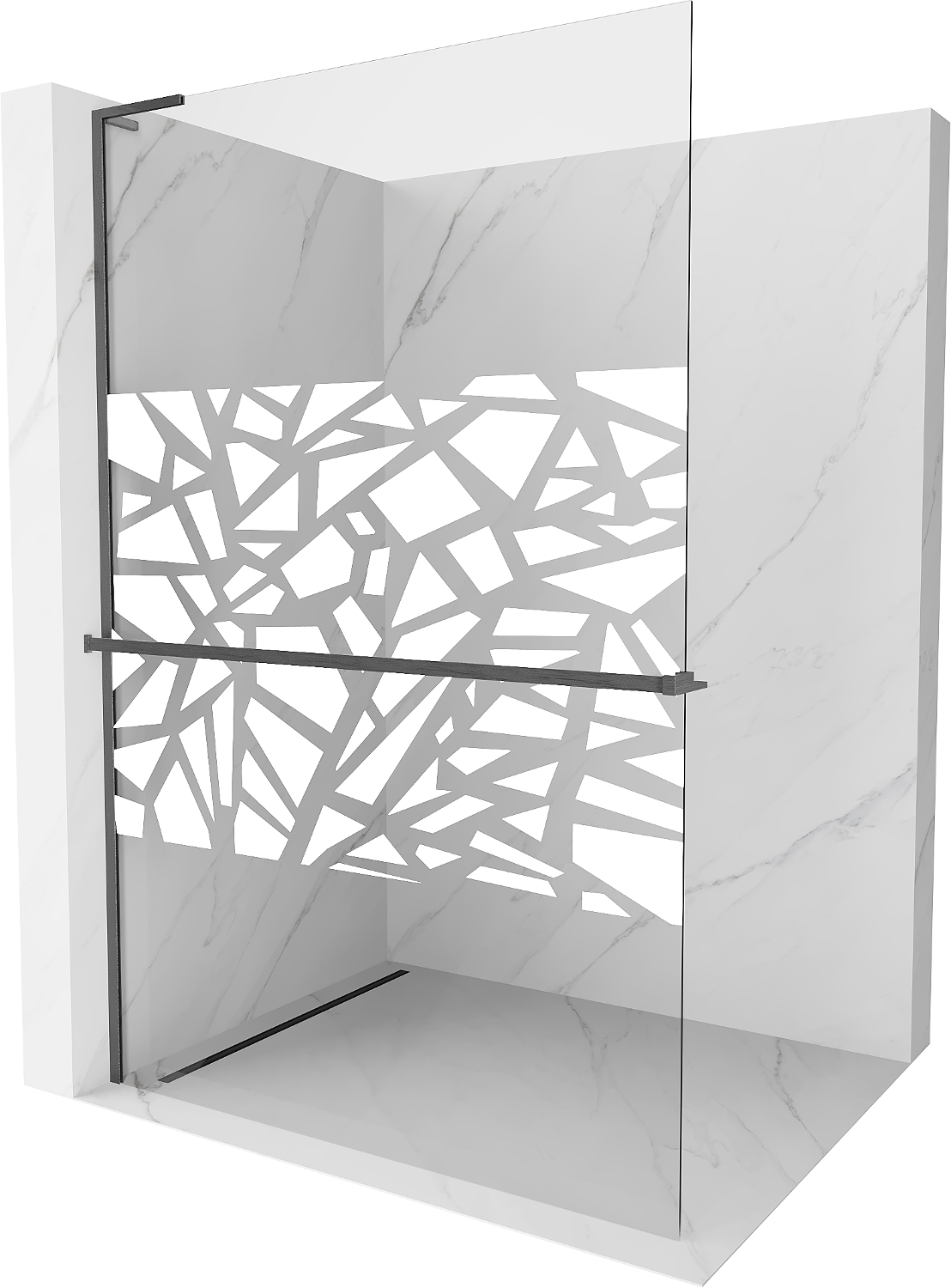 Mexen Kioto+ L ścianka prysznicowa z półką Walk-in 110 x 200 cm, biały wzór, gun gray szczotkowany - 800-110-123-66-85