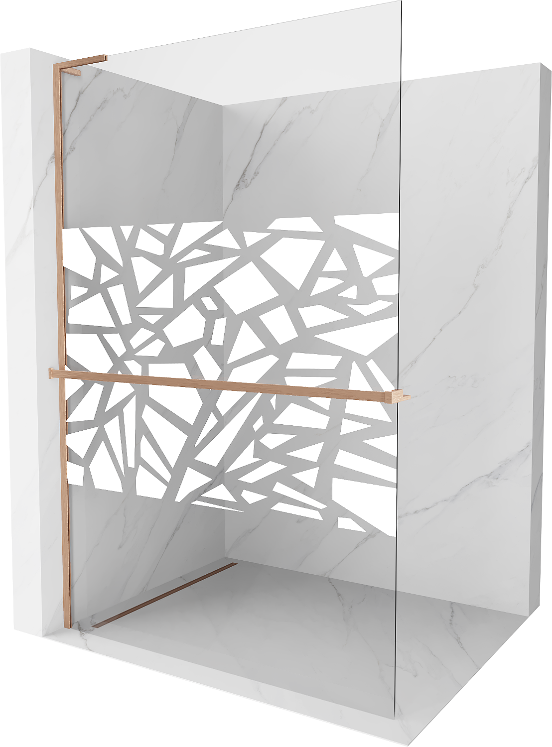 Mexen Kioto+ L ścianka prysznicowa z półką Walk-in 100 x 200 cm, biały wzór, miedź szczotkowana - 800-100-123-65-85