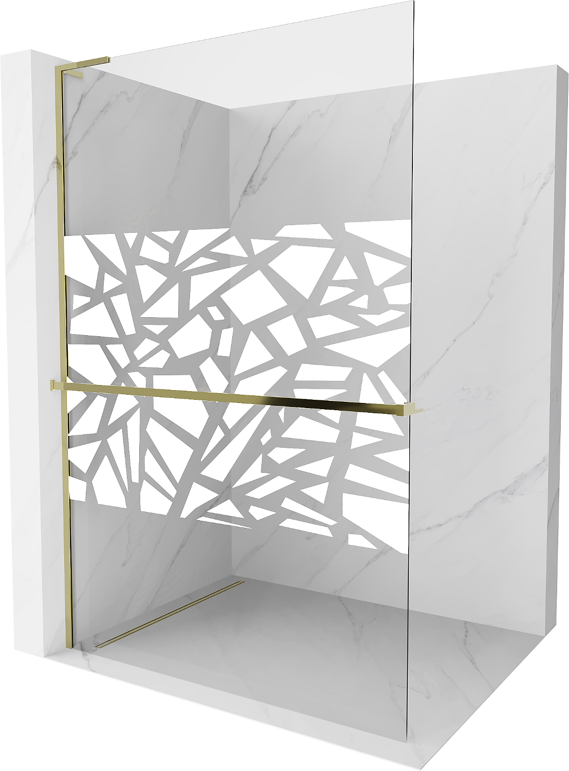 Mexen Kioto+ L ścianka prysznicowa z półką Walk-in 110 x 200 cm, biały wzór, złota - 800-110-123-50-85