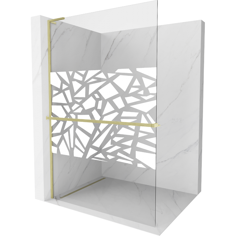 Mexen Kioto+ L ścianka prysznicowa z półką Walk-in 120 x 200 cm, biały wzór, złota szczotkowana - 800-120-123-55-85