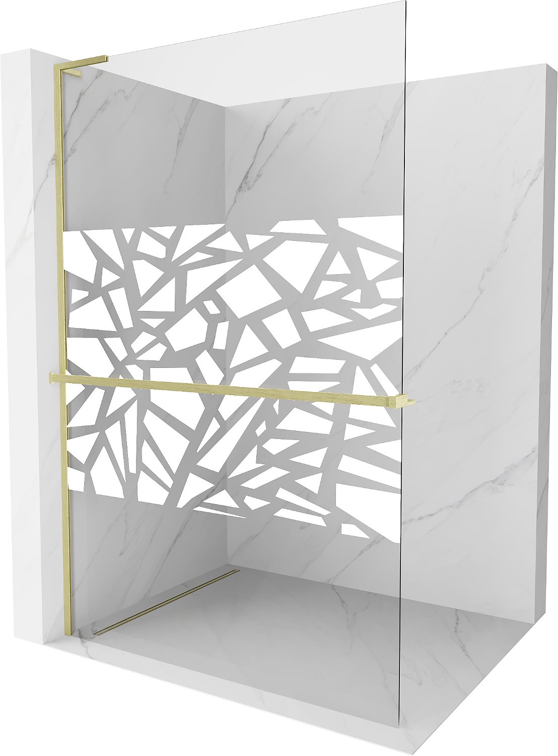 Mexen Kioto+ L ścianka prysznicowa z półką Walk-in 120 x 200 cm, biały wzór, złota szczotkowana - 800-120-123-55-85