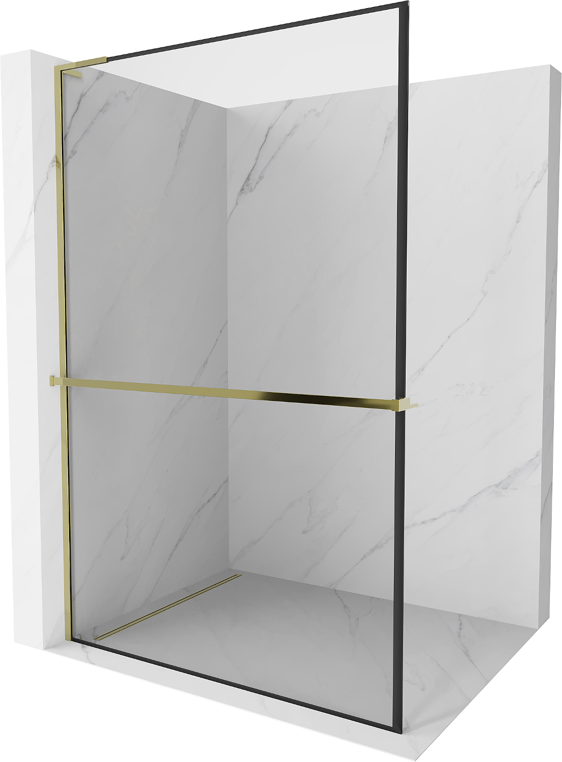 Mexen Kioto+ L ścianka prysznicowa z półką Walk-in 110 x 200 cm, czarny wzór, złota - 800-110-123-50-70
