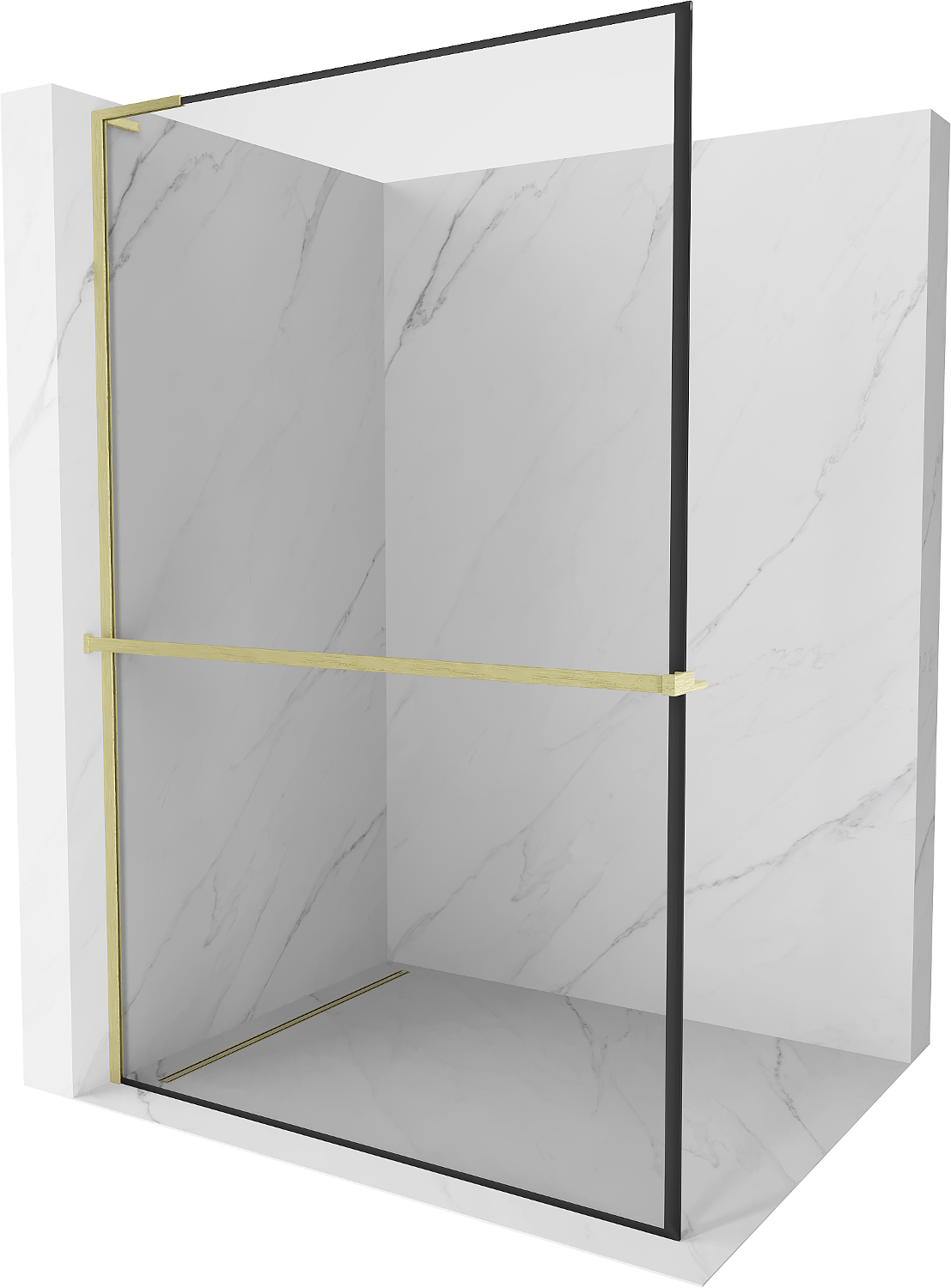 Mexen Kioto+ L ścianka prysznicowa z półką Walk-in 90 x 200 cm, czarny wzór, złota szczotkowana - 800-090-123-55-70