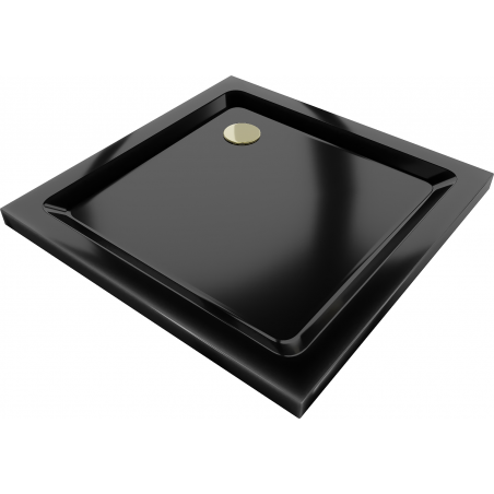 Mexen Flat brodzik kwadratowy slim 90 x 90 cm, czarny, syfon złoty - 40709090G
