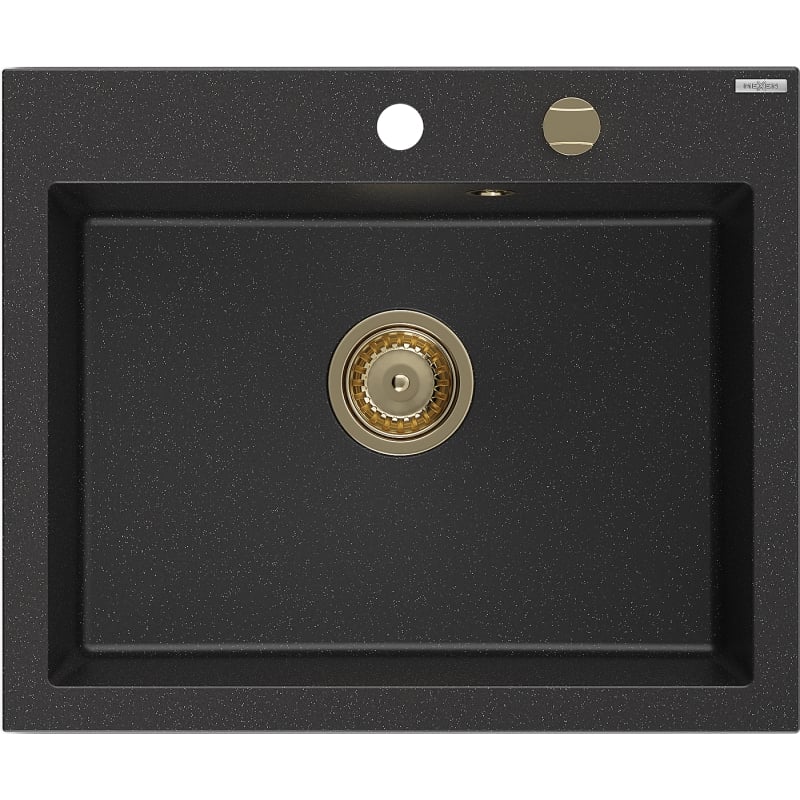 Mexen Elix zlewozmywak granitowy 1-komorowy 600 x 500 mm, czarny/srebrny metalik, syfon złoty - 6525601005-73-G