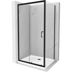 Mexen Apia kabina prysznicowa rozsuwana 140 x 90 cm, transparent, czarna + brodzik Flat, biały- 840-140-090-70-00-4010B