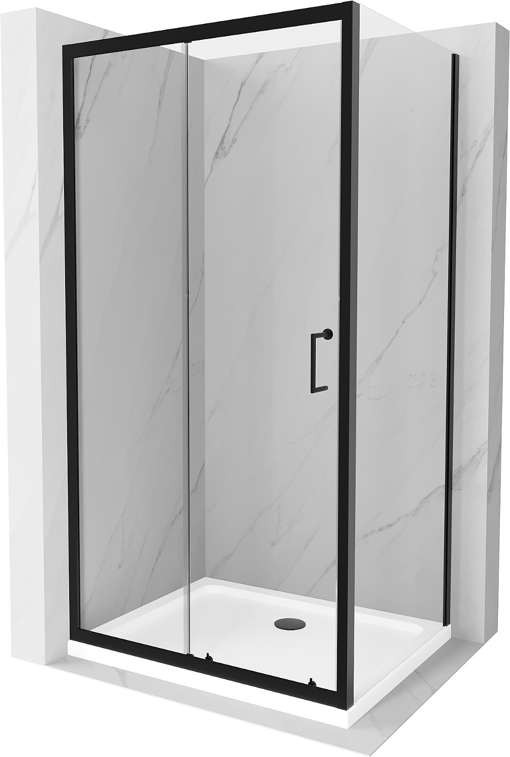 Mexen Apia kabina prysznicowa rozsuwana 140 x 80 cm, transparent, czarna + brodzik Flat, biały- 840-140-080-70-00-4010B