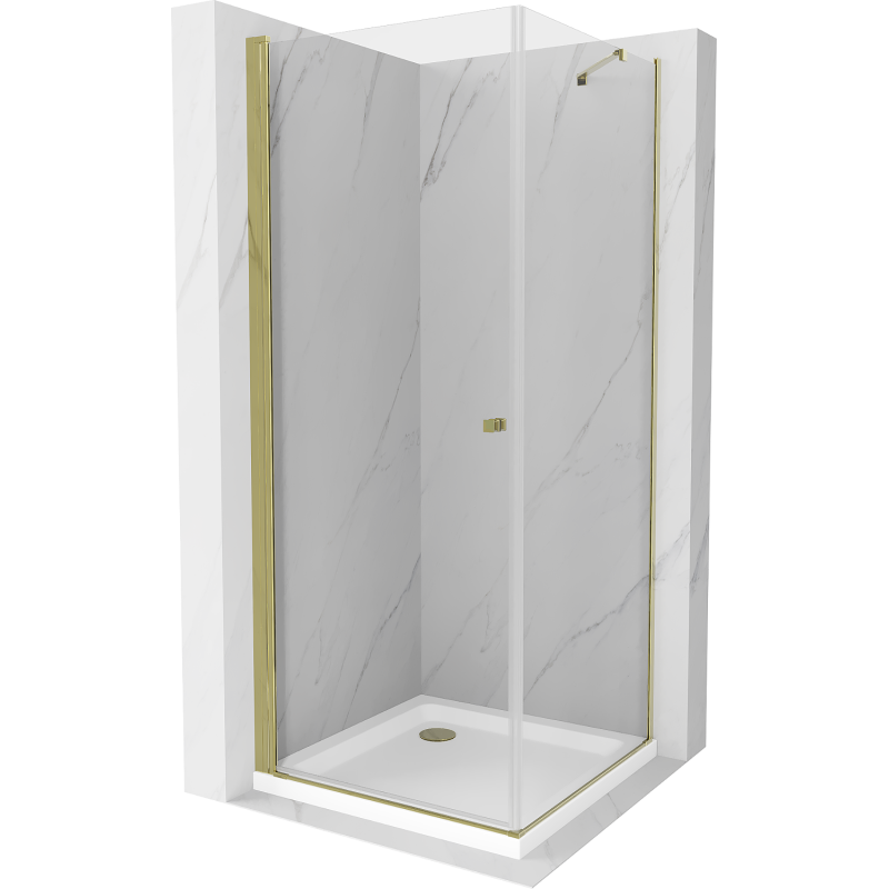 Mexen Pretoria kabina prysznicowa uchylna 70 x 70 cm, transparent, złota + brodzik Flat - 852-070-070-50-00-4010