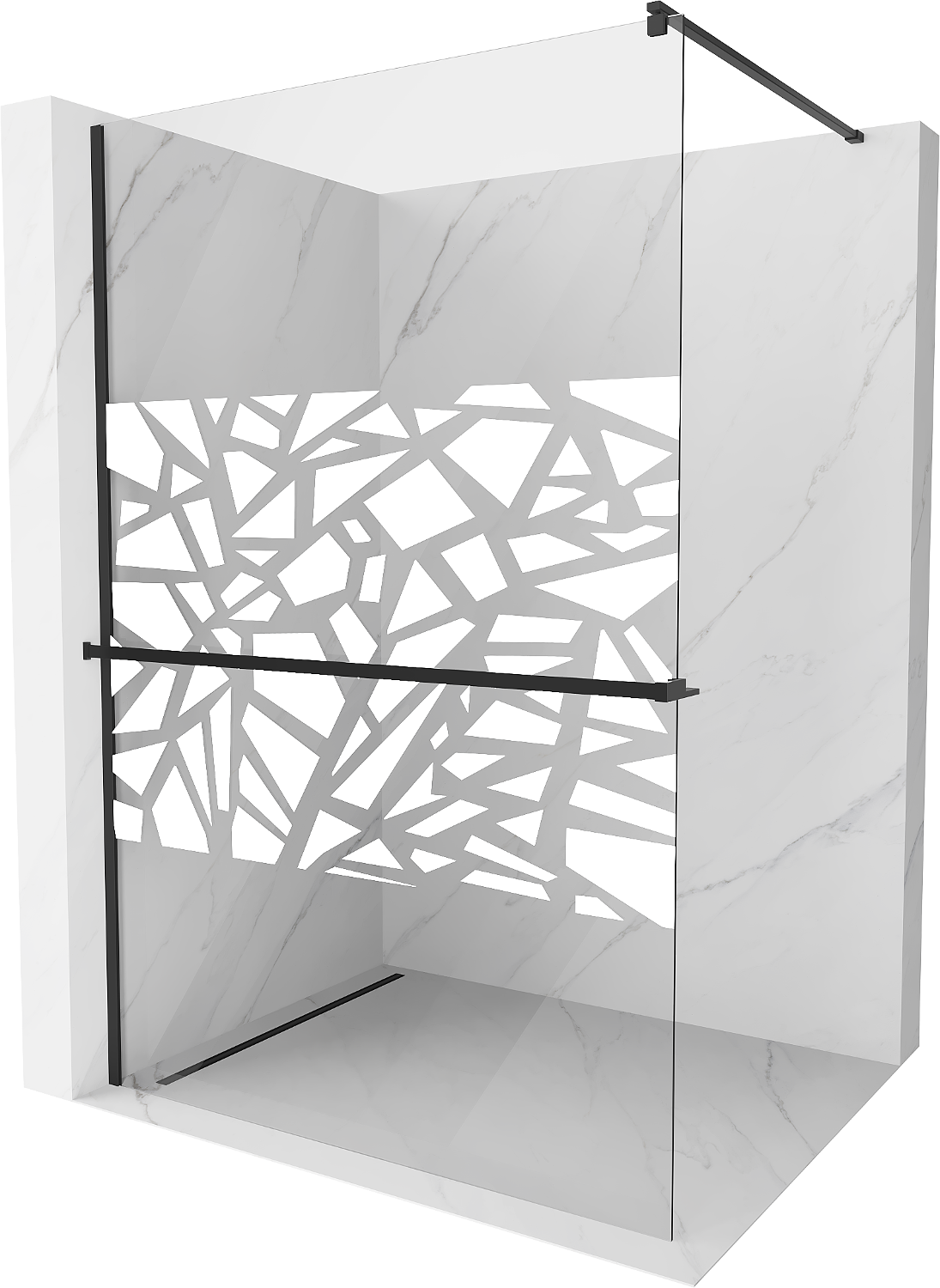 Mexen Kioto+ ścianka prysznicowa z półką Walk-in 120 x 200 cm, biały wzór, czarna - 800-120-121-70-85