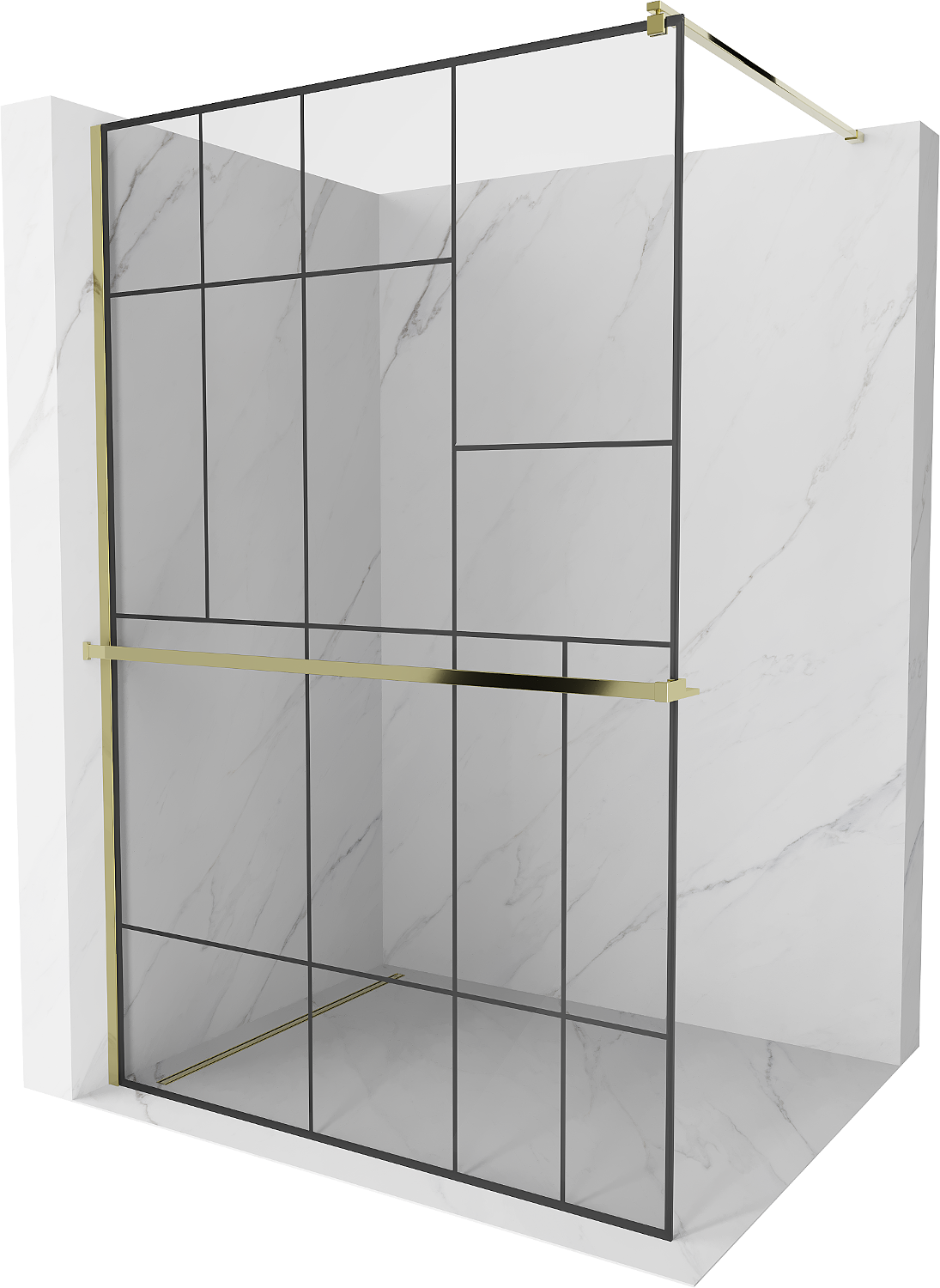 Mexen Kioto+ ścianka prysznicowa z półką Walk-in 120 x 200 cm, czarny wzór, złota - 800-120-121-50-78