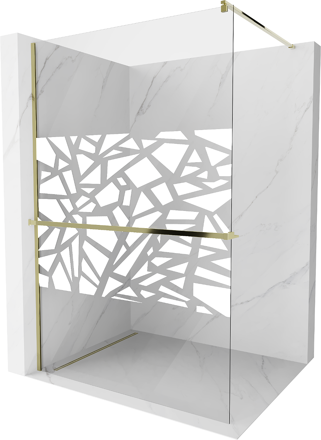 Mexen Kioto+ ścianka prysznicowa z półką Walk-in 90 x 200 cm, biały wzór, złota - 800-090-121-50-85