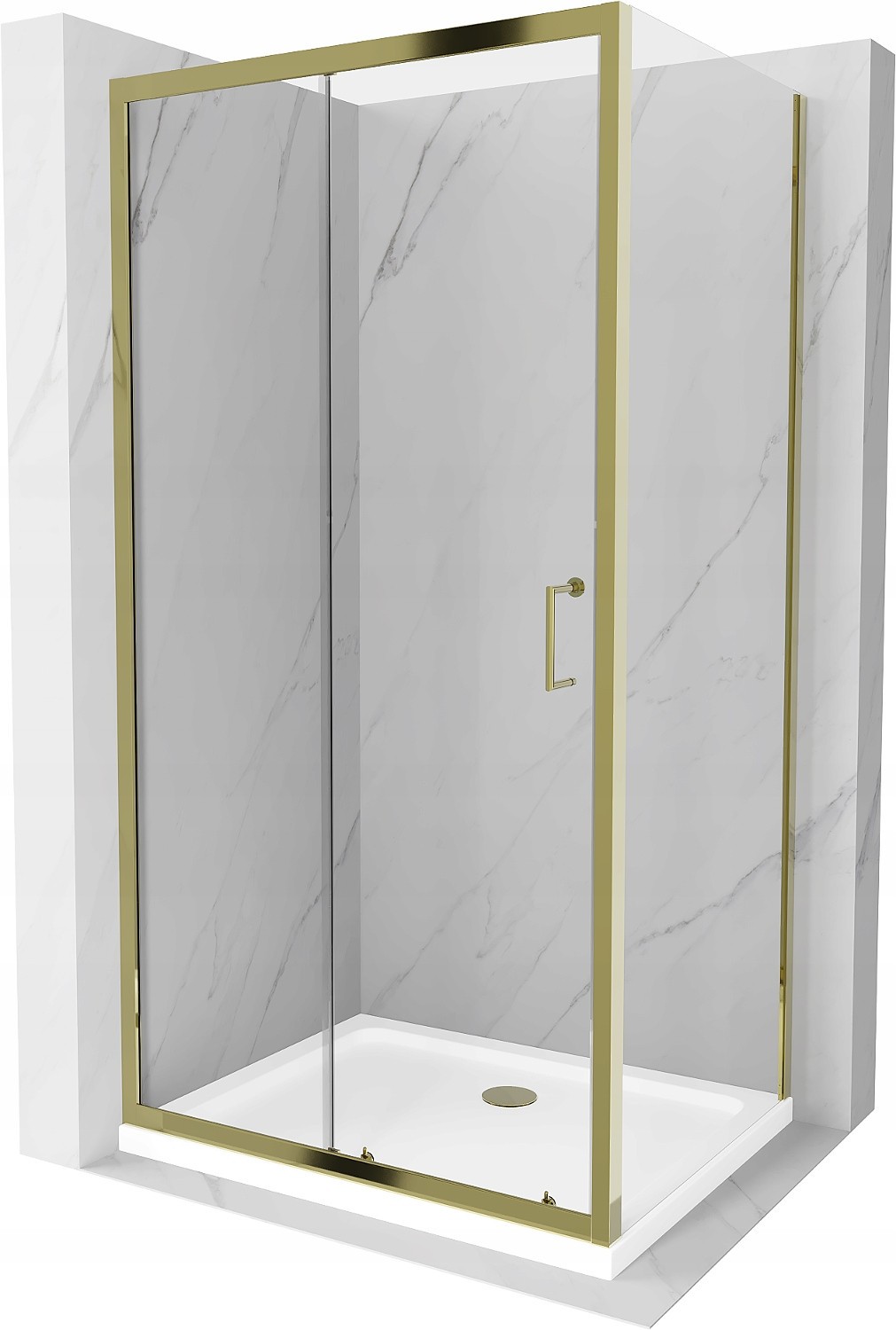 Mexen Apia kabina prysznicowa rozsuwana 90 x 100 cm, transparent, złota + brodzik Flat, biały- 840-090-100-50-00-4010G