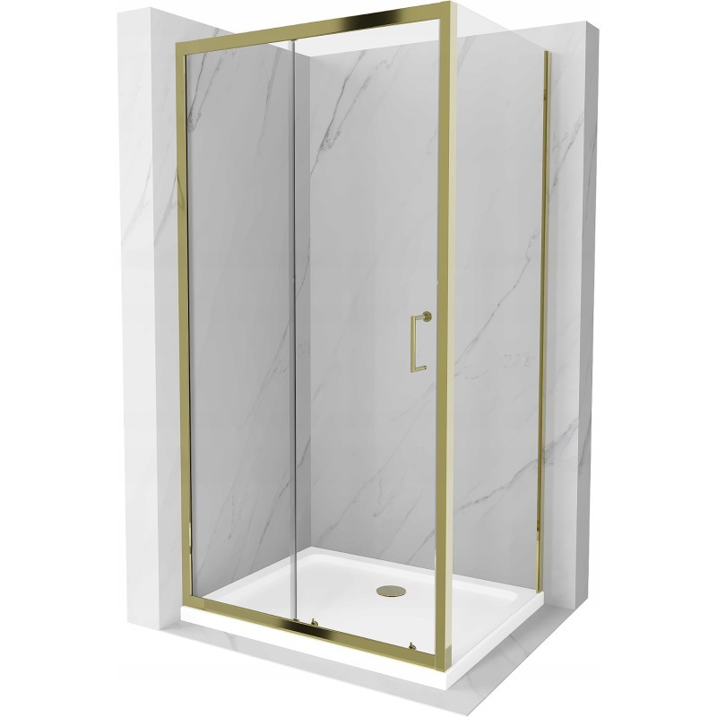 Mexen Apia kabina prysznicowa rozsuwana 100 x 70 cm, transparent, złota + brodzik Flat, biały- 840-100-070-50-00-4010G