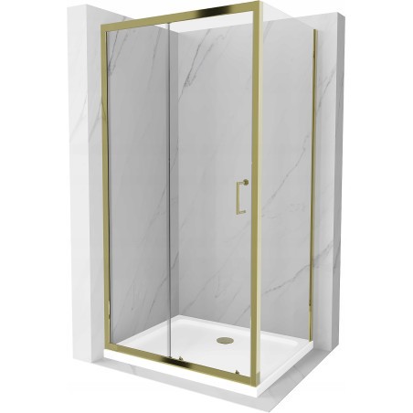 Mexen Apia kabina prysznicowa rozsuwana 140 x 80 cm, transparent, złota + brodzik Flat, biały- 840-140-080-50-00-4010G