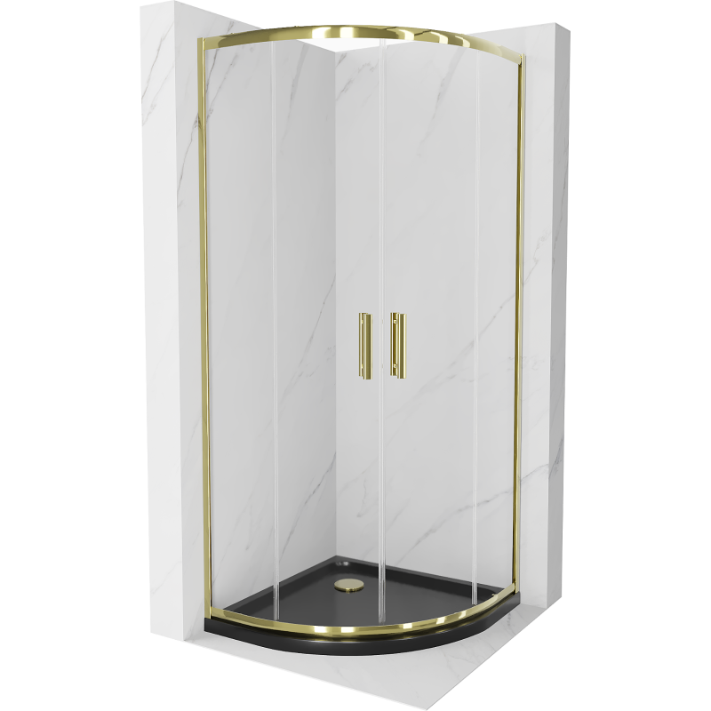 Mexen Rio kabina prysznicowa półokrągła 90 x 90 cm, transparent, złota + brodzik Flat, czarny - 863-090-090-50-00-4170G