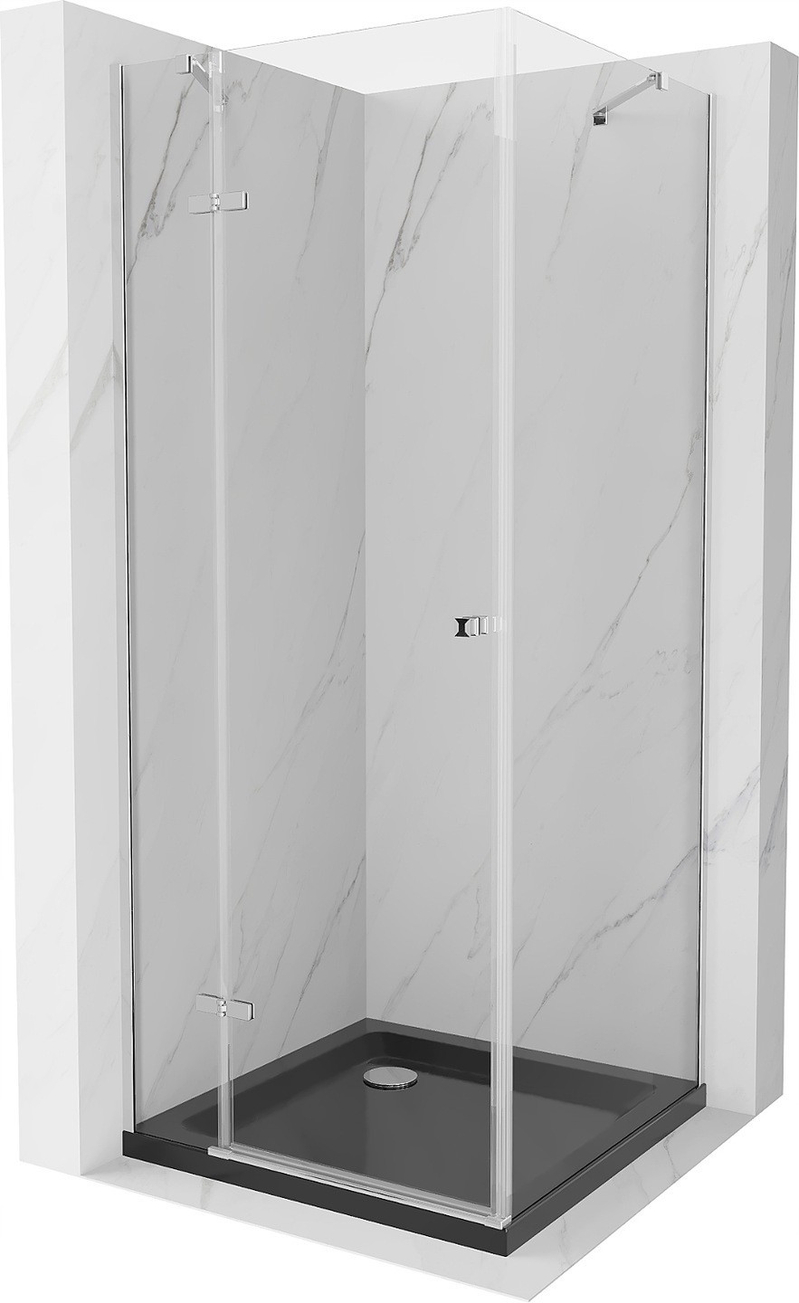 Mexen Roma kabina prysznicowa uchylna 90 x 90 cm, transparent, chrom + brodzik Flat, czarny - 854-090-090-01-00-4070