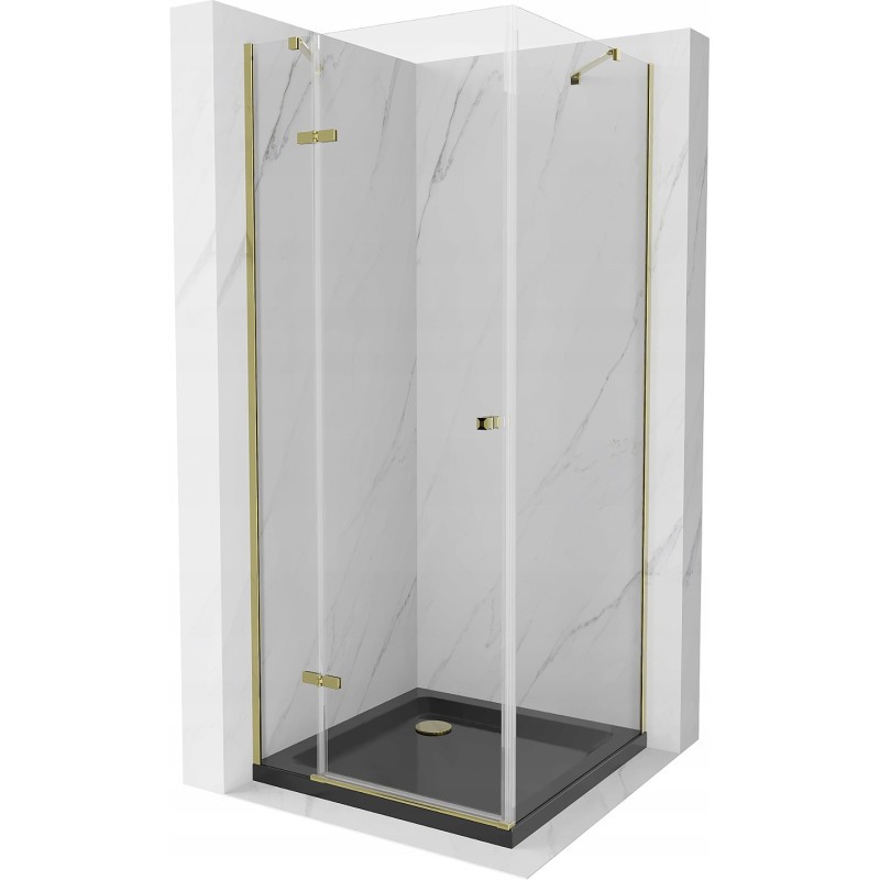 Mexen Roma kabina prysznicowa uchylna 80 x 80 cm, transparent, złota + brodzik Flat, czarny - 854-080-080-50-00-4070G