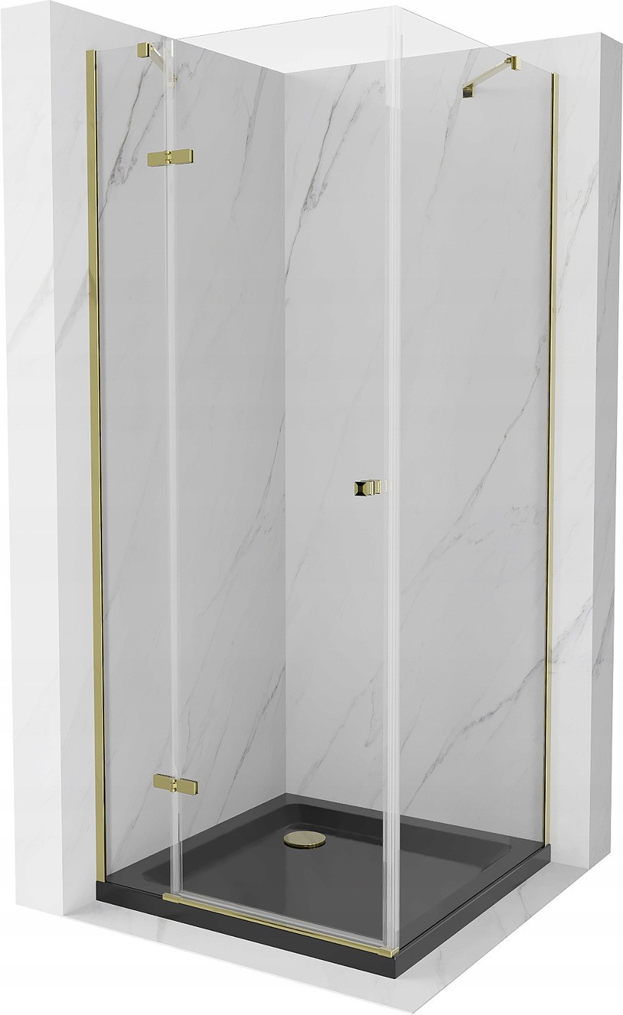 Mexen Roma kabina prysznicowa uchylna 90 x 90 cm, transparent, złota + brodzik Flat, czarny - 854-090-090-50-00-4070G