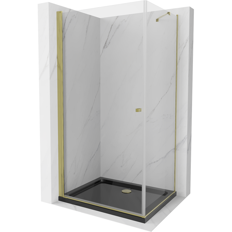 Mexen Pretoria kabina prysznicowa uchylna 100 x 70 cm, transparent, złota + brodzik Flat, czarny - 852-100-070-50-00-4070G