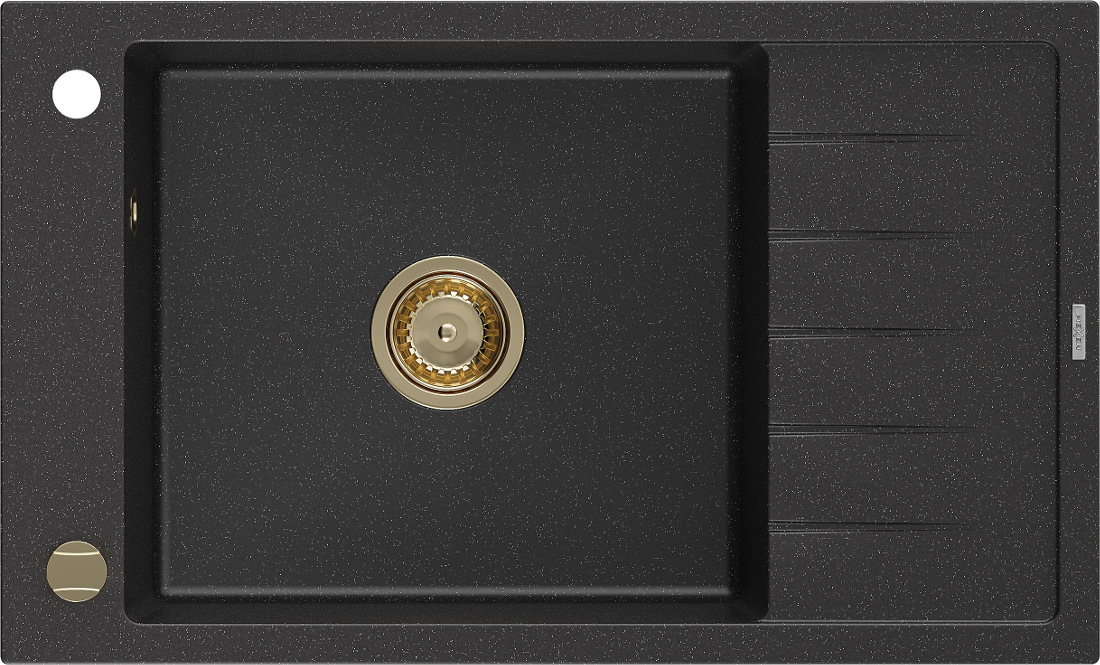 Mexen Elias zlewozmywak granitowy 1-komorowy z ociekaczem 795 x 480 mm, czarny/srebrny metalik, syfon złoty - 6511791005-73-G