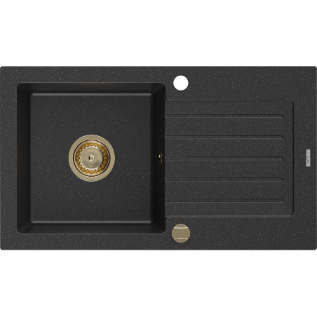Mexen Pablo zlewozmywak granitowy 1-komorowy z ociekaczem 752 x 436 mm, czarny/srebrny metalik, syfon złoty - 6510751010-73-G
